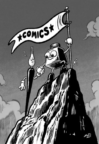 Mascots inkling and nibford climbing up a mountain with a flag labeled "comics".