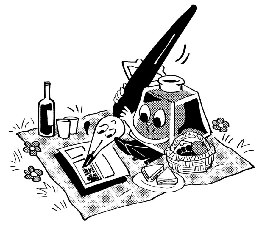 An anthropomorphic inkwell drawing a comic using a friend, an anthropomorphic nib holder. They are also on a lovely picnic together.